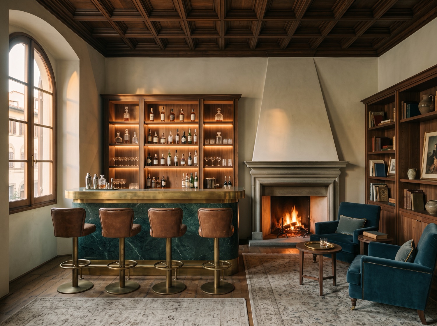 Il bar-salotto di un boutique hotel: bancone con bordo in ottone, mensole retroilluminate, poltrone in velluto davanti a un camino in pietra.