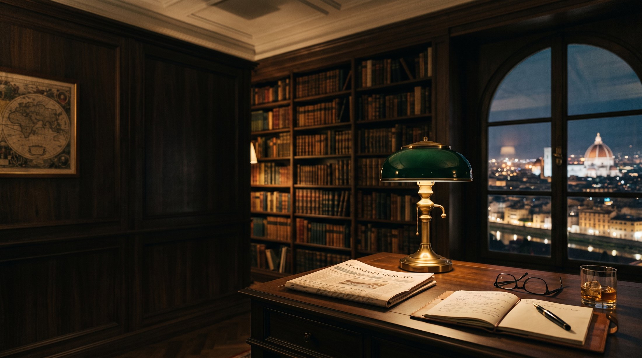 Lo studio di un albergo storico la sera: scrivania in noce con la lampada dal paralume verde accesa, un quotidiano piegato, un quaderno aperto, occhiali; dietro, la libreria e una finestra sulle luci di Firenze.