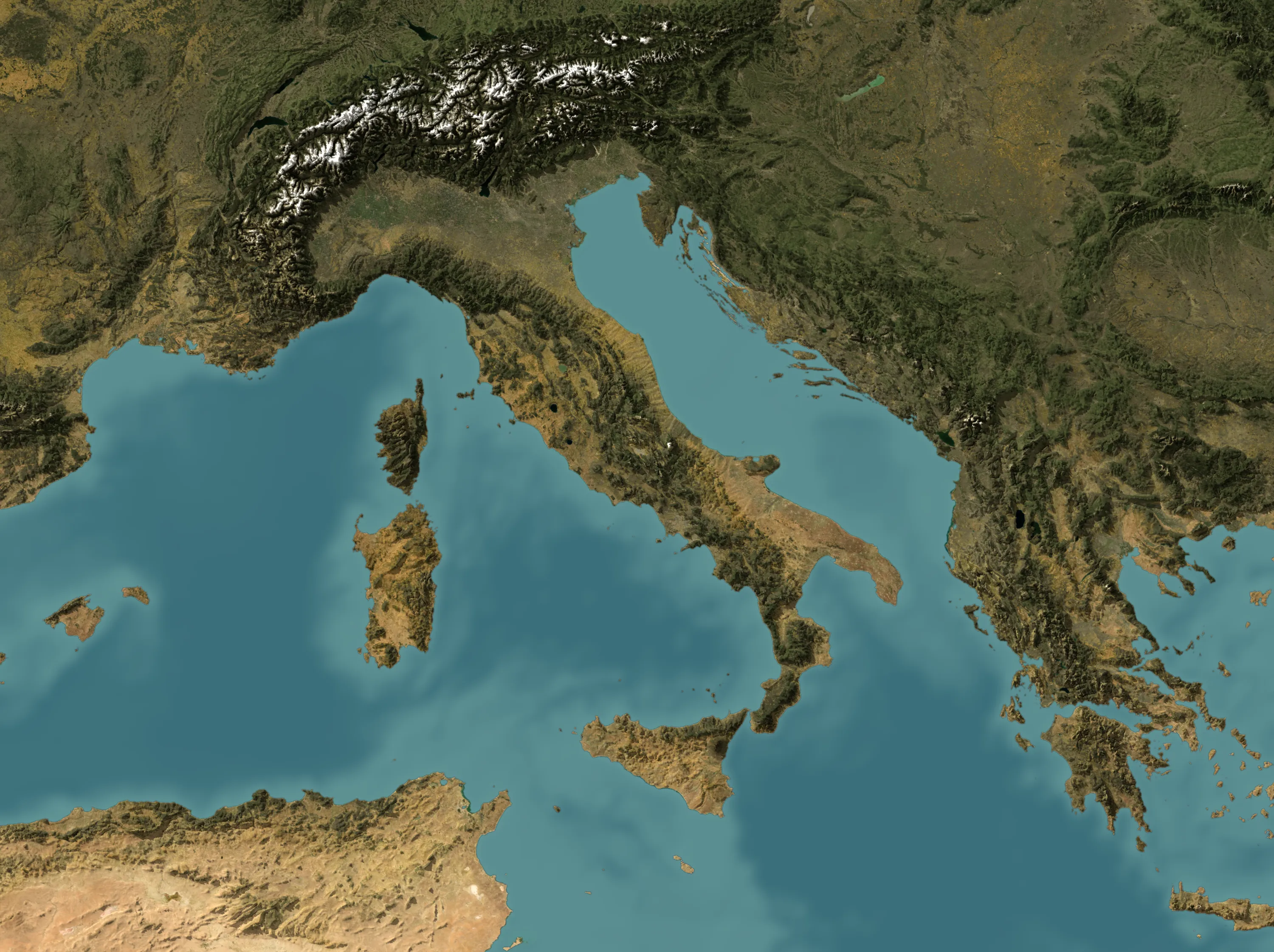 L'Italia e il Mediterraneo centrale visti dal satellite, con un cerchio per regione proporzionale alle notti 2025